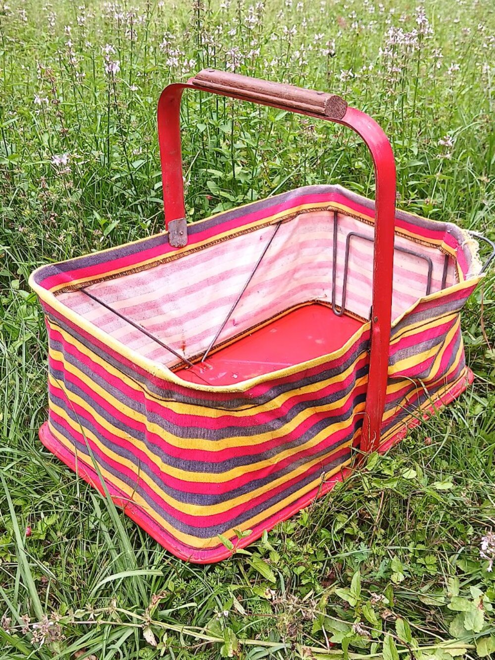 Vintage Red Folding Picnic Basket Retro Striped Fabric Collapsible Market Tote